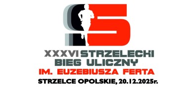 Zdjęcie przedstawia logo 36 Strzeleckiego Biegu ulicznego im. Euzebiusza Ferta. 
Czerwono, czarno, szara duża litera S a w niej wkomponowany biegacz w białym kolorze.
Pod dużą literą S szaro czarny napis nazwy biegu oraz miejscowość i data  biegu.